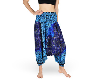 Harémové kalhoty aladin NATSU, trojzubec s květy, modro-fialová, se šňůrkou, květy v pase