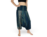 Harémové kalhoty aladin NATSU, paví věž multicolor, zelená, bez šňůrky, plamínky v pase