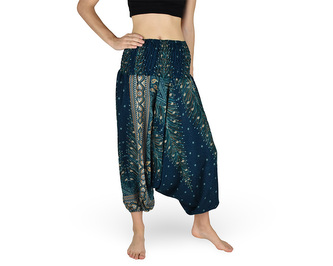 Harémové kalhoty aladin NATSU, paví věž multicolor, zelená, bez šňůrky, plamínky v pase