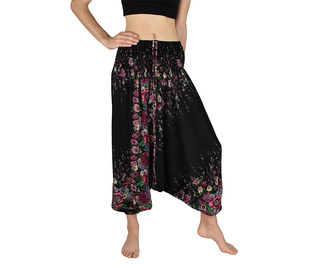 Harémové kalhoty aladin NATSU, květiny, černá, se šňůrkou, drobné kvítky v pase