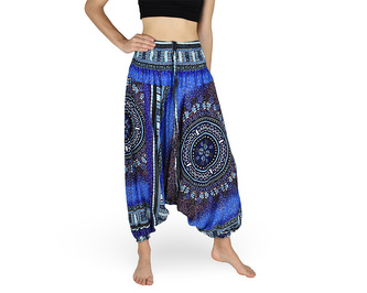 Harémové kalhoty aladin NATSU, trojzubec v kruhu, modrá, se šňůrkou, pruhy v pase