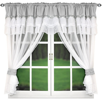 Dekorační krátká záclona s ozdobným volánem se zirkony s řasící páskou FLORENCE bílá/světle šedá 400x150 cm MyBestHome