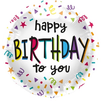 Foliový balonek Happy Birthday To You, konfety a serpentiny, 45 cm