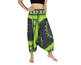 Harémové kalhoty aladin NATSU, trojzubec v kruhu, zelená, se šňůrkou, pruhy v pase