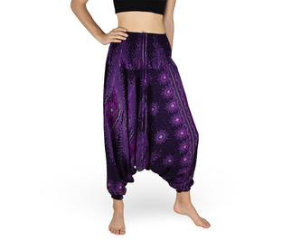 Harémové kalhoty aladin NATSU, plankton, fialová, se šňůrkou, plamínky v pase