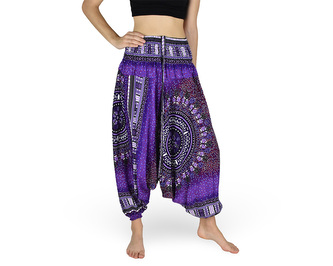 Harémové kalhoty aladin NATSU, trojzubec v kruhu, fialová, se šňůrkou, pruhy, II. jakost