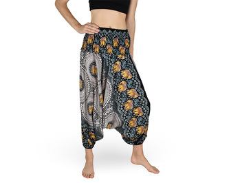 Harémové kalhoty aladin NATSU, terč se slony, černo-bílá, bez šňůrky, II. jakost