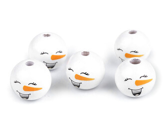 Dřevěné korálky s obličejem sněhulák Ø20 mm - 200 ks - 1 bílá lakovaná