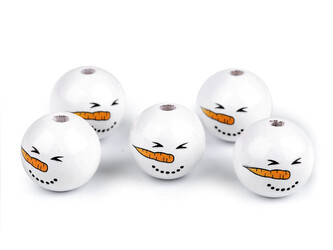 Dřevěné korálky s obličejem sněhulák Ø20 mm - 200 ks - 3 bílá lakovaná