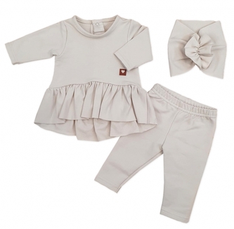 Bavlněná sada, 3D, tunika, legíny, turban - sv. béžová, vel. 74; 74 (6-9m)