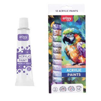 EASY Akrylové barvy 12 ml, 12 barev (6 pastel, 6 metal)