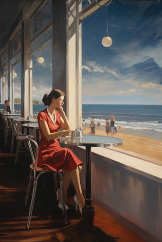 Plakát, Obraz - Contemplation Girl in style of Edward Hopper, 61 × 91.5 cm
