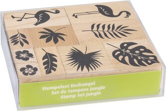 10 ks dřevěných razítek s motivy džungle. Rozměr sady: 12 x 10 x 3cm