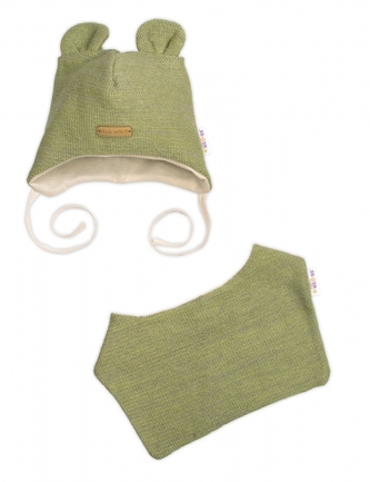 Pletená čepice s bavlněnou podšívkou a šátkem 2v1, Teddy Hand made - oliva, 80/86; 80/86 (12-18m)