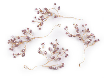 Větvička drátěná s broušenými korálky hand made - 4 ks - 4 starofialová zlatá