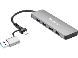 Sandberg USB-C/A na 4× USB 3.0 Hub, hliníkový rozbočovač s 4× USB-A porty, stříbrná