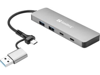 Sandberg USB-C/A na 2× USB-A + 2× USB-C Hub,hliník. rozbočovač s 2× USB-A a 2× USB-C porty, stříbrná