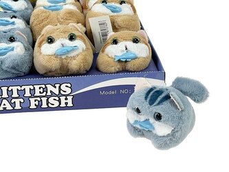 Kotek z rybą machający ogonem pluszowy 13cm MIX