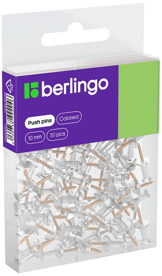 Pinezki tablicowe, igła 10 mm, w op. 30 szt. transparentne z igłą w kolorze różowego złota, Berlingo