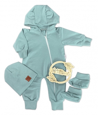 Rostoucí teplákový overal pro miminko, čepice, botky, 3D, Nature - ledově mátový, 80/86; 80/86 (12-18m)