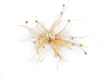 Péřová brož s perlami a broušenými korálky - 1 ks - 2 zlatá
