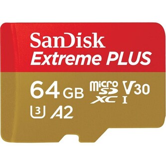 SanDisk Extreme PLUS microSDXC 64GB + SD Adapter 200MB/s and 90MB/s A2 C10 V30 UHS-I U8