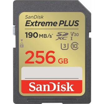 SanDisk Extreme PLUS 256 GB SDXC Memory Card 190 MB/s and 130 MB/s, UHS-I, Class 10, U3, V30 SanDisk Extreme PLUS 256 GB SDXC Memory Card 190 MB/s and 130 MB/s, UHS-I, Class 10, U3, V30