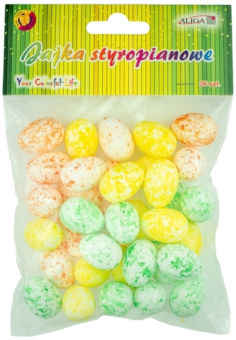 Jajka styopianowe WPJ-7484 kolorowe nakrapiane, wys. 2,5 cm., op. 36 szt., Aliga