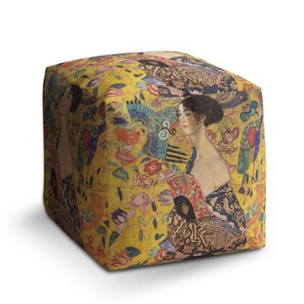 Taburet Cube Dáma s vějířem - Gustav Klimt: 40x40x40 cm Taburet Cube Dáma s vějířem - Gustav Klimt: 40x40x40 cm