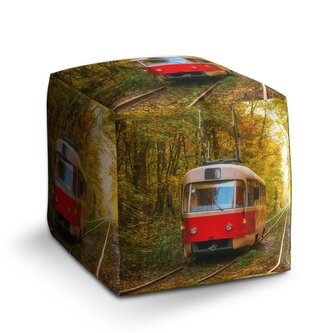 Taburet Cube Červená tramvaj v lese: 40x40x40 cm