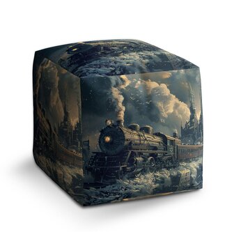 Taburet Cube Parní lokomotiva v zasněženém městě: 40x40x40 cm