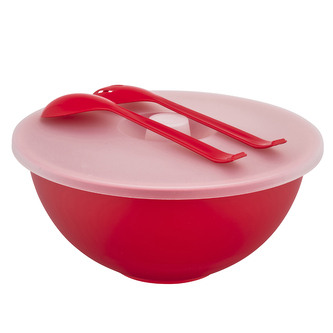 MISKA Z POKRYWĄ I ŁYŻKAMI DO SAŁATY 26CM 3,6L CZERWONA