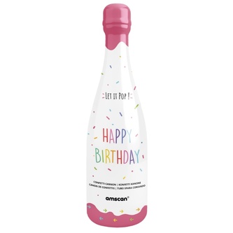 Vystřelovací konfety v růžové lahvi šampusu, barevná kolečka, 32 cm