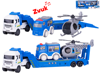 Auto nákladní 30cm na setrvačník na baterie se zvukem + vozidla policie 2ks v krabičce