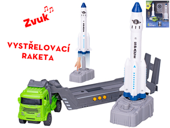 Auto nákladní 30cm na setrvačník na baterie se zvukem + raketa s vystřelovačem v krabičce