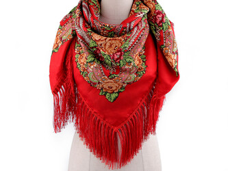 Šátek folklór květy s třásněmi 105x105 cm - 1 ks - 2 červená světlá