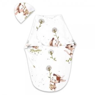 Zavinovací vak, zavinovačka + čepička, LUX SOFT, bavlna, Kocourek a pampeliška - bílá