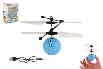 Vrtulníková koule létající plast 13x11cm reagující na pohyb ruky s USB kabelem modrá v krabičce
