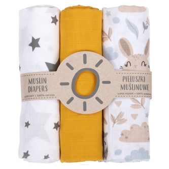 Mušelínové plenky 3ks + žínka zdarma -šedá, béžová, hořčice