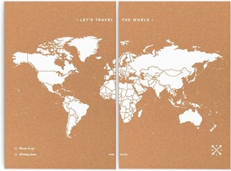 Korková nástěnná mapa světa- přírodní, bílá XXL