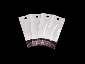 PP sáček s lepicí klopou a závěsem 4x6 cm jedna strana průhledná - 100 ks - bílá transparent