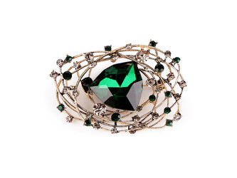Brož s broušenými kamínky a kamenem - 1 ks - 3 zelená tmavá zlatá