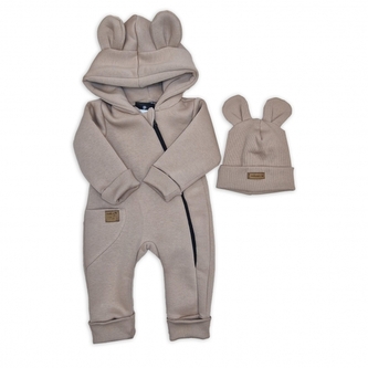 Oteplený dětský overal bez šlapek s kapucí + čepička, 2D, Kazum, cappuccino, 86; 86 (12-18m)