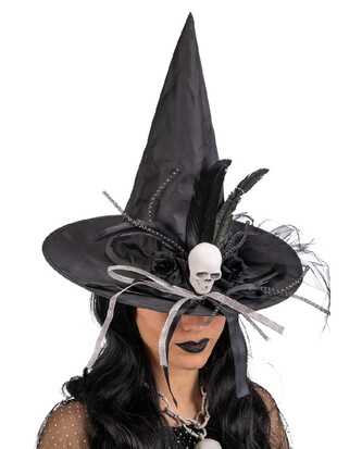 Carnival Toys Černý čarodějnický klobouk s lebkou a ozdobami
