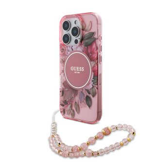 Guess IML Flowers Pearl Strap MagSafe Zadní Kryt pro iPhone 15 Pro Max Pink