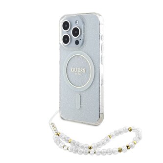 Guess IML Glitter Pearl Strap MagSafe Zadní Kryt pro iPhone 15 Pro Max Transparent
