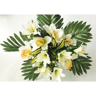 Kytice lilie s palmovým listem, bílo-žlutá  H360 bílo-žlutá