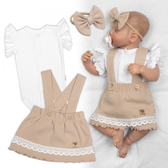 3D sada LADY, bavlna, body kr. rukáv, suknička s láclem, čelenka, béžová/bílá, 68; 68 (3-6m)