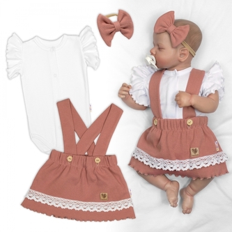 3D sada LADY, bavlna, body kr. rukáv, suknička s láclem, čelenka, starorůžová/bílá; 56 (1-2m)