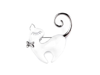 Brož kočka - 1 ks - 2 bílá stříbrná